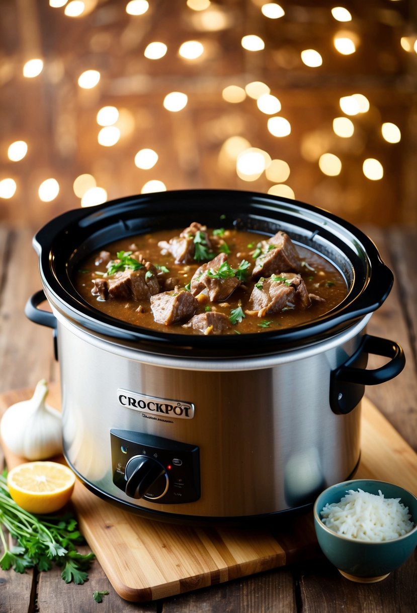 A 4-quart crockpot filled with beef simmering in rich, savory onion gravy