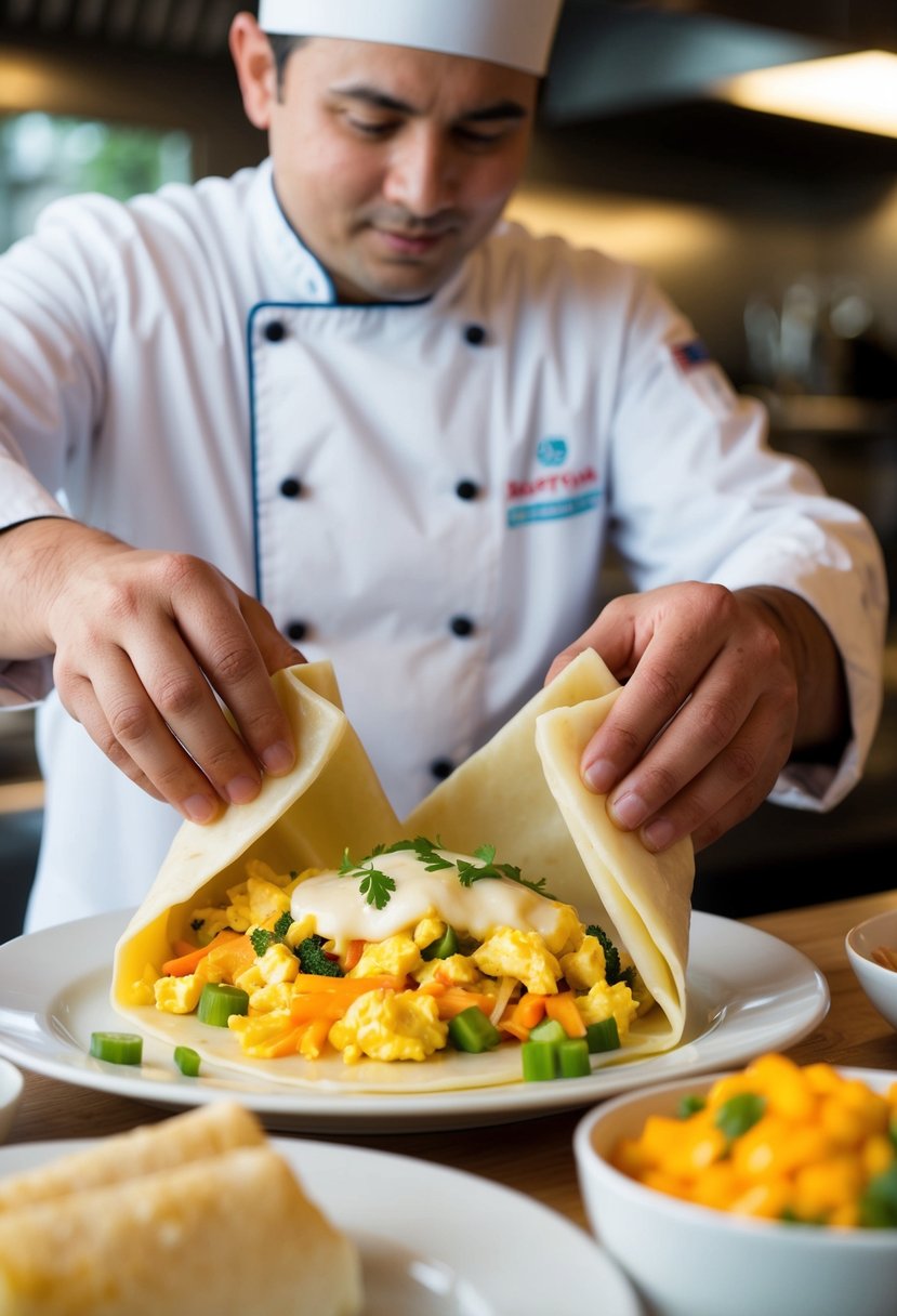 A chef carefully folds egg roll wrappers around a filling of scrambled eggs, vegetables, and cheese, preparing them for frying