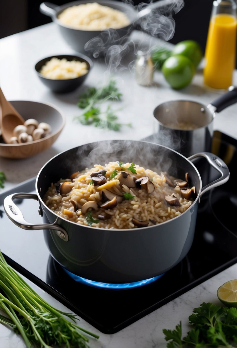 A steaming pot of mushroom risotto cooking on a stove, surrounded by fresh ingredients and cooking utensils