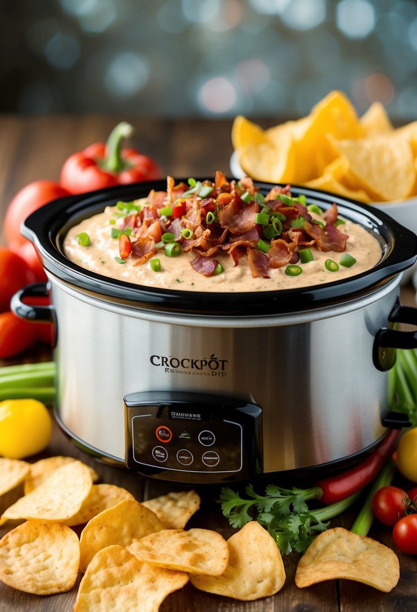 A 4-quart crockpot filled with creamy bacon dip, surrounded by crispy chips and fresh veggies