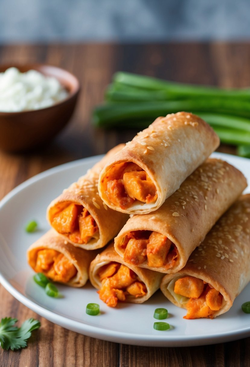 Golden-brown egg rolls filled with buffalo chicken and wrapped in crispy egg roll wrappers