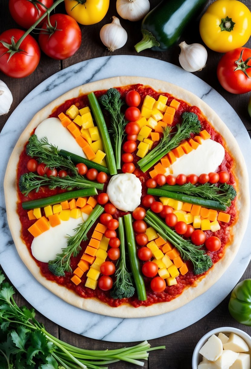 A colorful assortment of fresh vegetables arranged on a round pizza crust, topped with melted cheese and tomato sauce, ready for baking