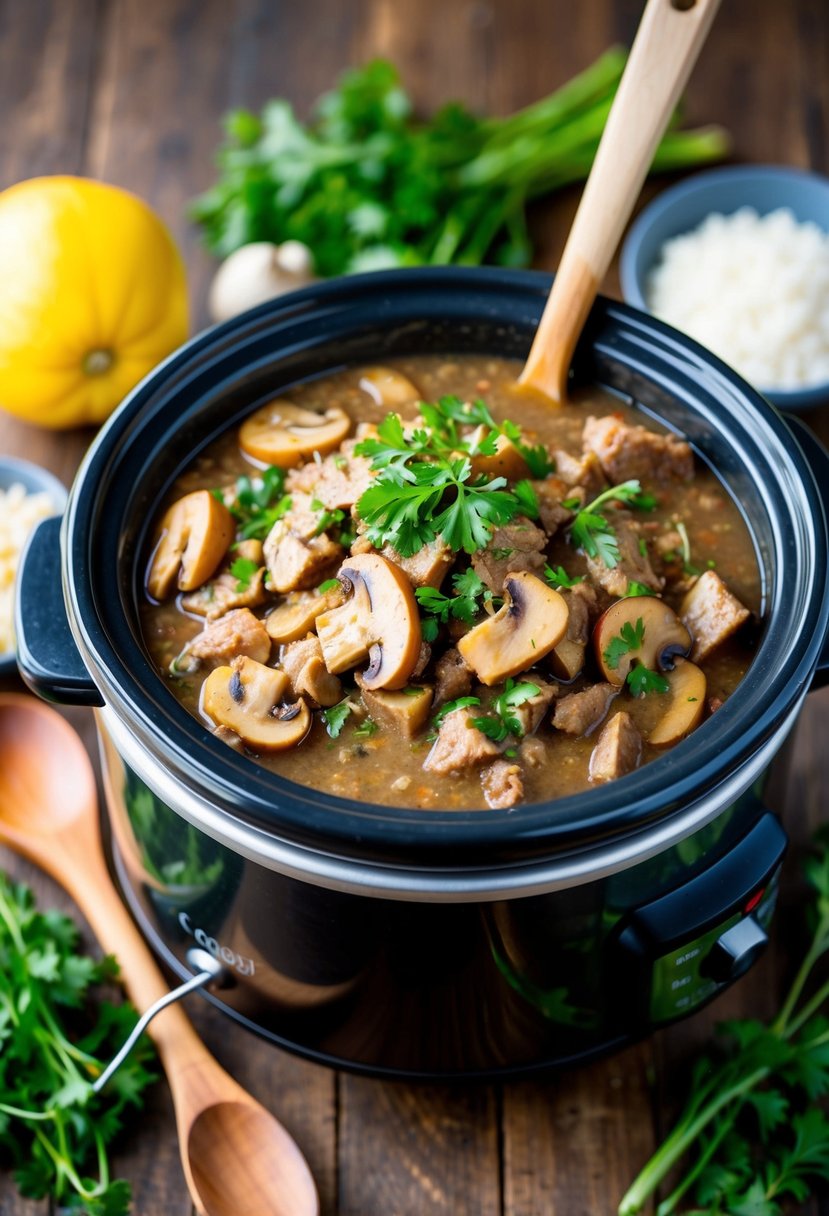 A 4-quart crockpot filled with mushroom pork ragout, surrounded by fresh ingredients and a wooden spoon