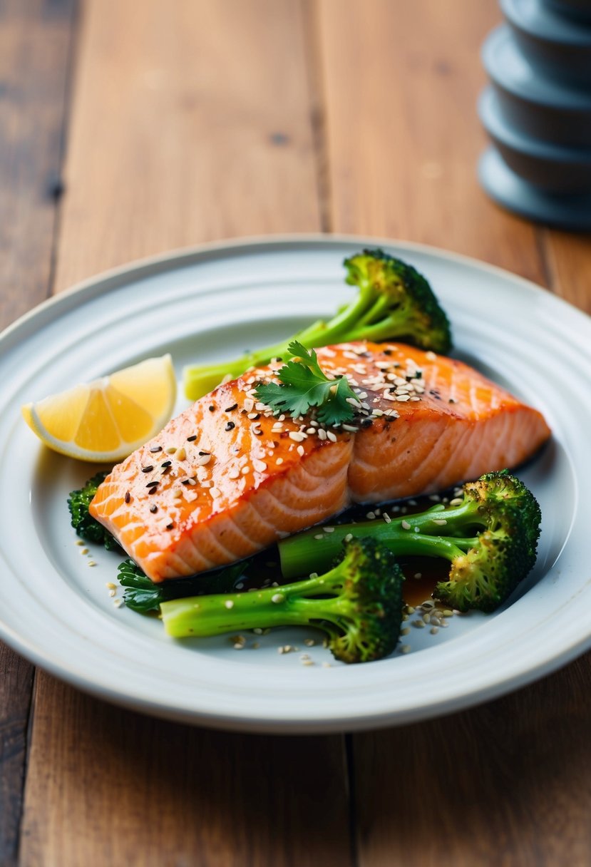 A sizzling teriyaki salmon fillet with steamed broccoli on a white ceramic plate, garnished with sesame seeds and a slice of lemon