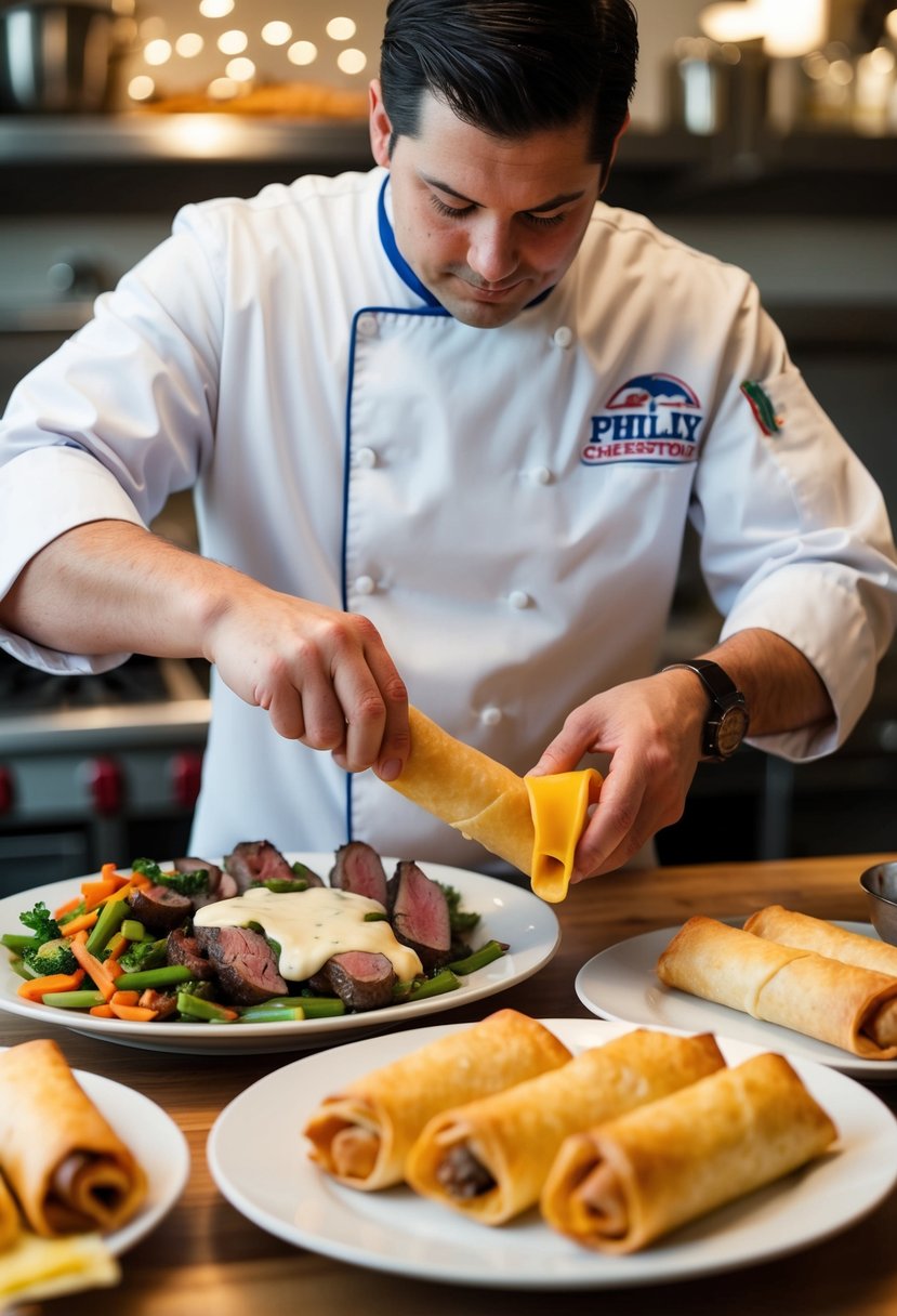 A chef prepares Philly Cheesesteak Egg Rolls, filling egg roll wrappers with savory steak, melted cheese, and sautéed vegetables