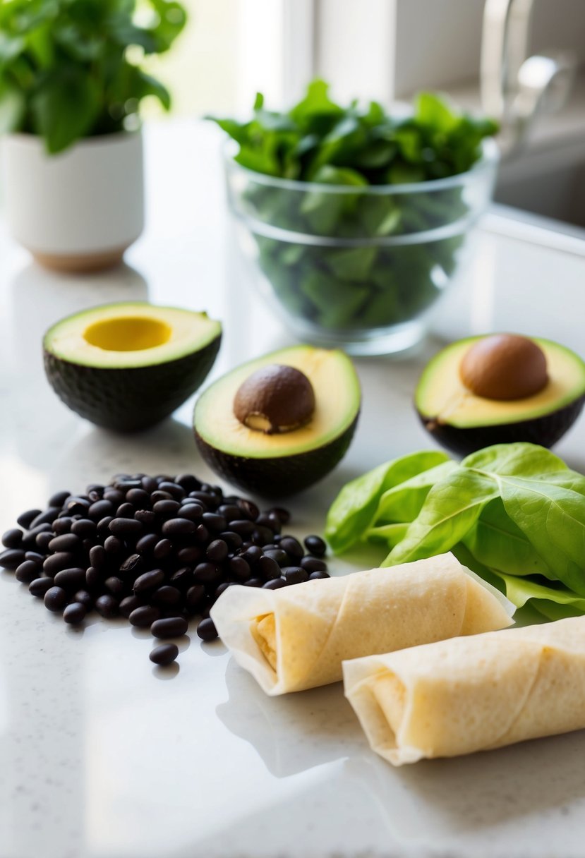 Fresh ingredients: avocados, black beans, and egg roll wrappers laid out on a clean kitchen counter