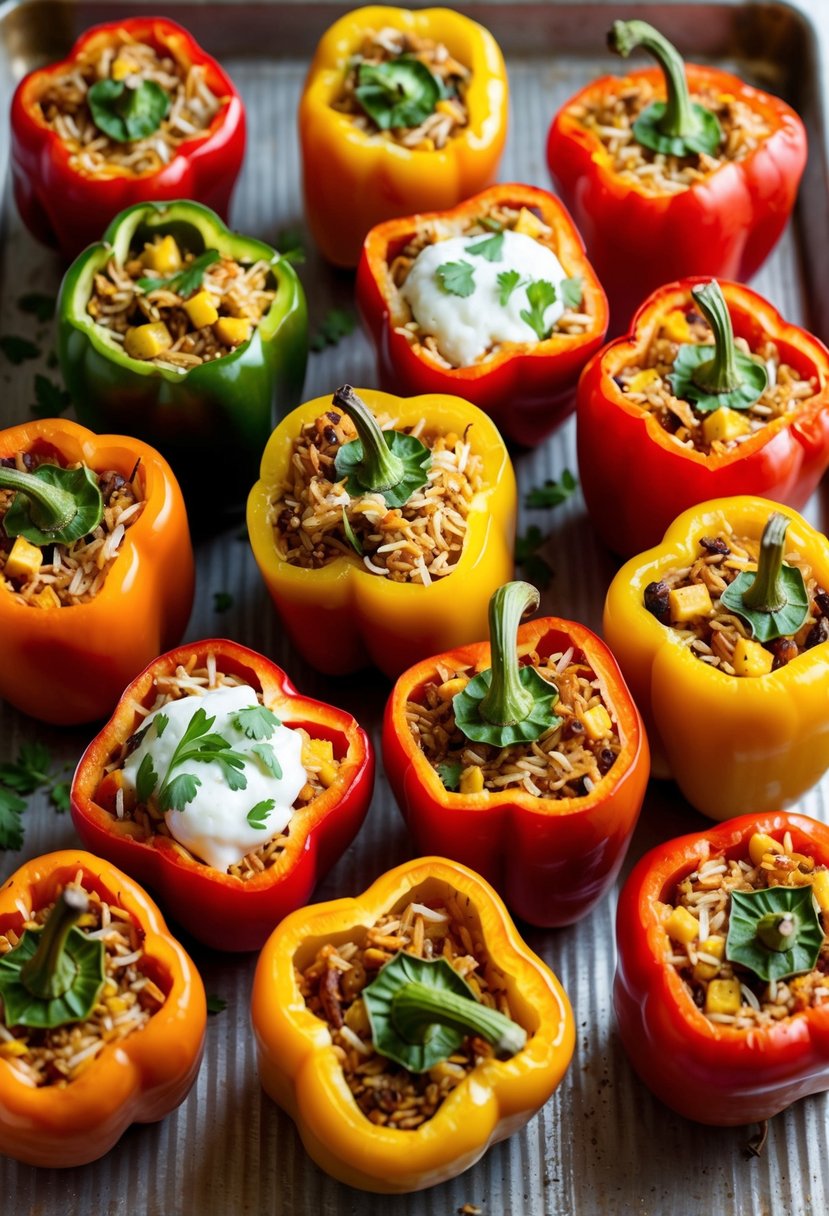 A colorful array of bell peppers, stuffed with rice and other ingredients, arranged on a baking sheet ready to be cooked