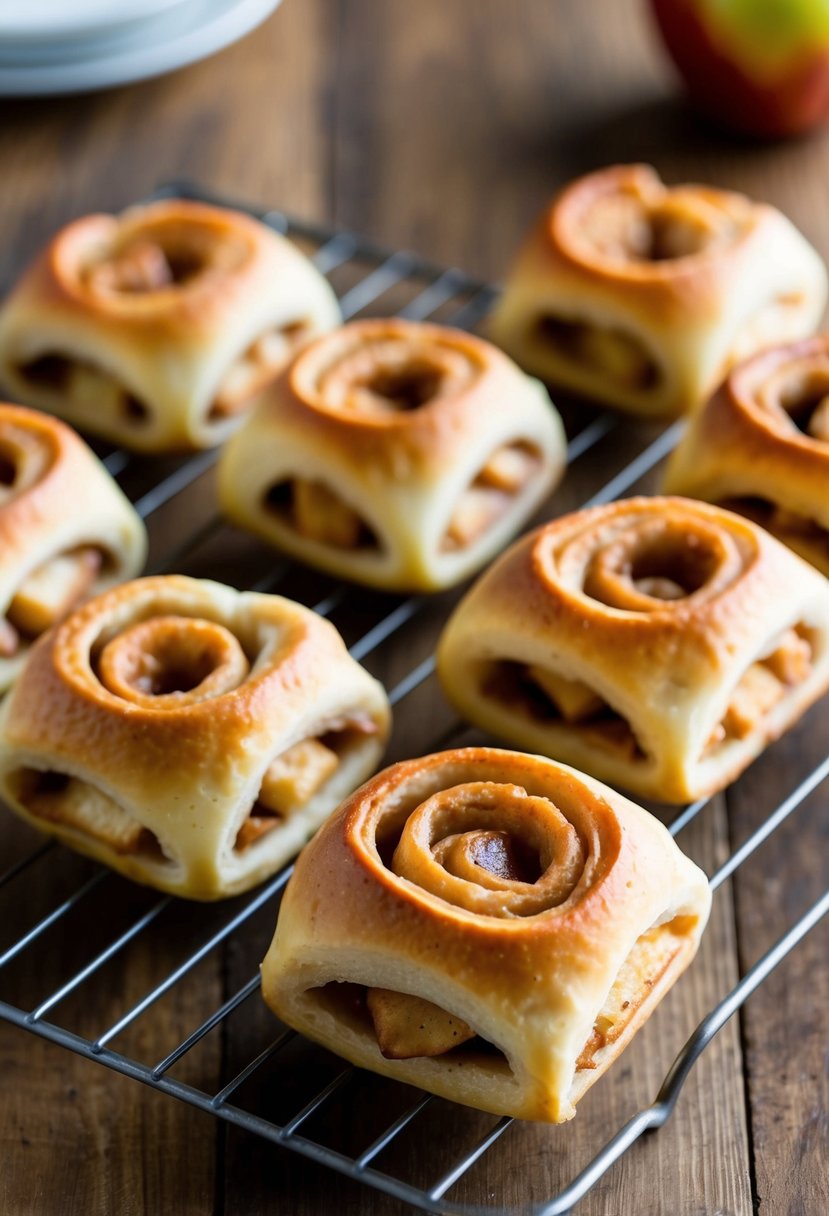 Golden brown apple pie egg rolls cooling on a wire rack