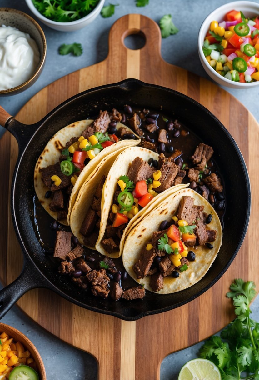 A sizzling skillet of beef and black bean tacos surrounded by colorful toppings and fresh ingredients on a wooden cutting board