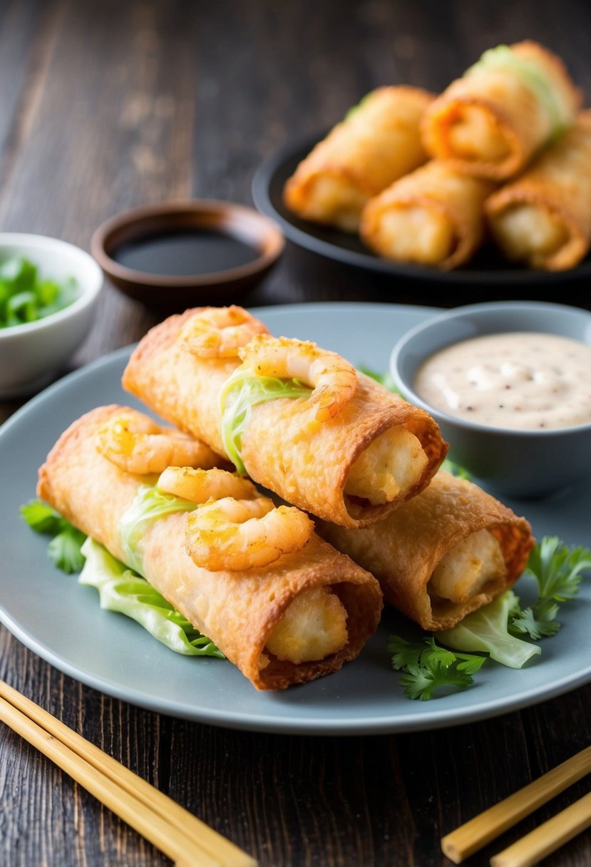 A plate of freshly fried shrimp and cabbage egg rolls, with a side of dipping sauce