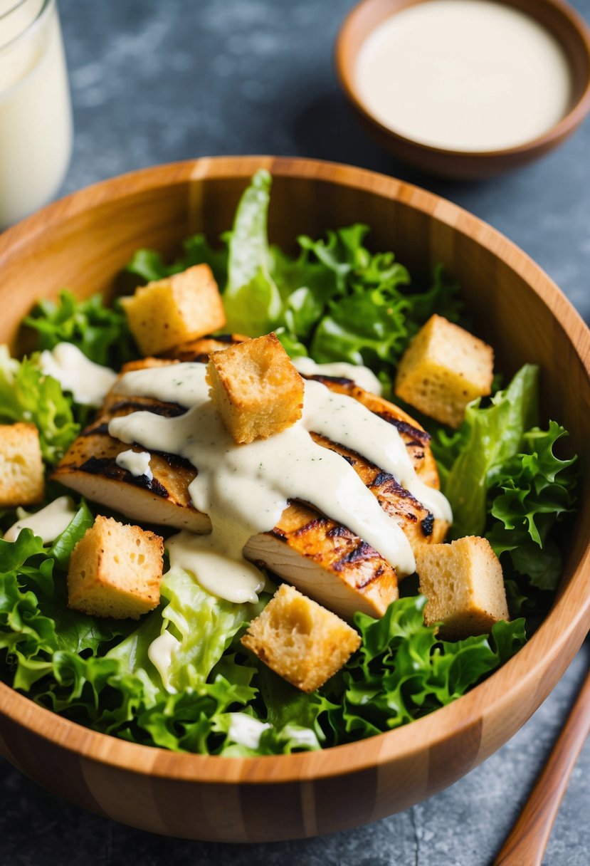 A wooden bowl filled with fresh lettuce, grilled chicken, croutons, and parmesan cheese, topped with creamy Caesar dressing