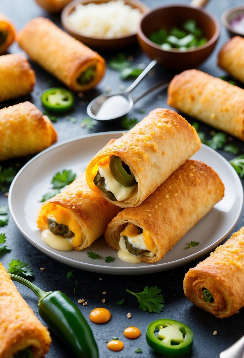 A plate of golden, crispy egg rolls filled with gooey cheese and spicy jalapeños, surrounded by scattered ingredients and cooking utensils