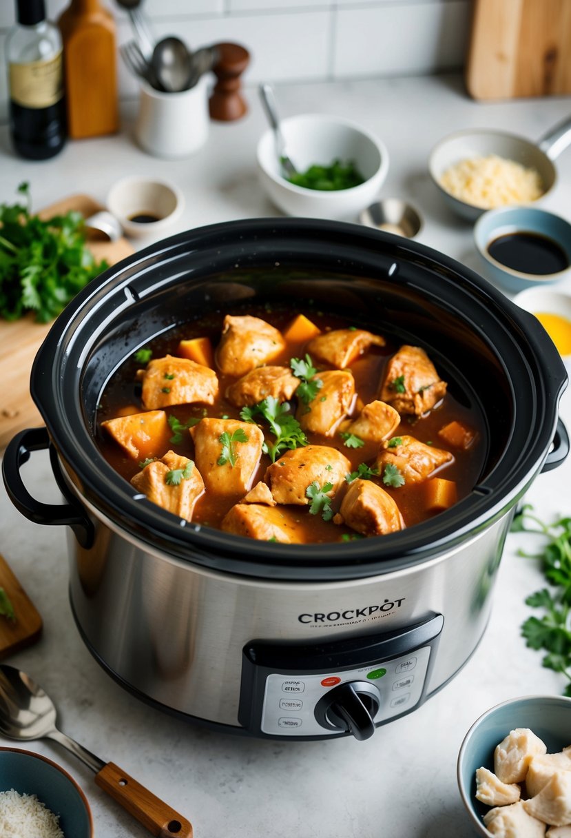 A 4-quart crockpot filled with soy sauce chicken, surrounded by various cooking ingredients and utensils on a kitchen counter