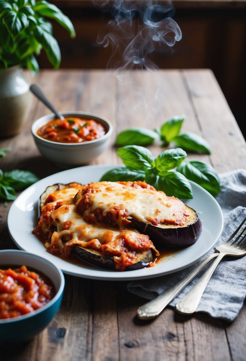 A rustic kitchen table with a steaming plate of golden-brown eggplant Parmesan, surrounded by fresh basil and a bowl of homemade marinara sauce