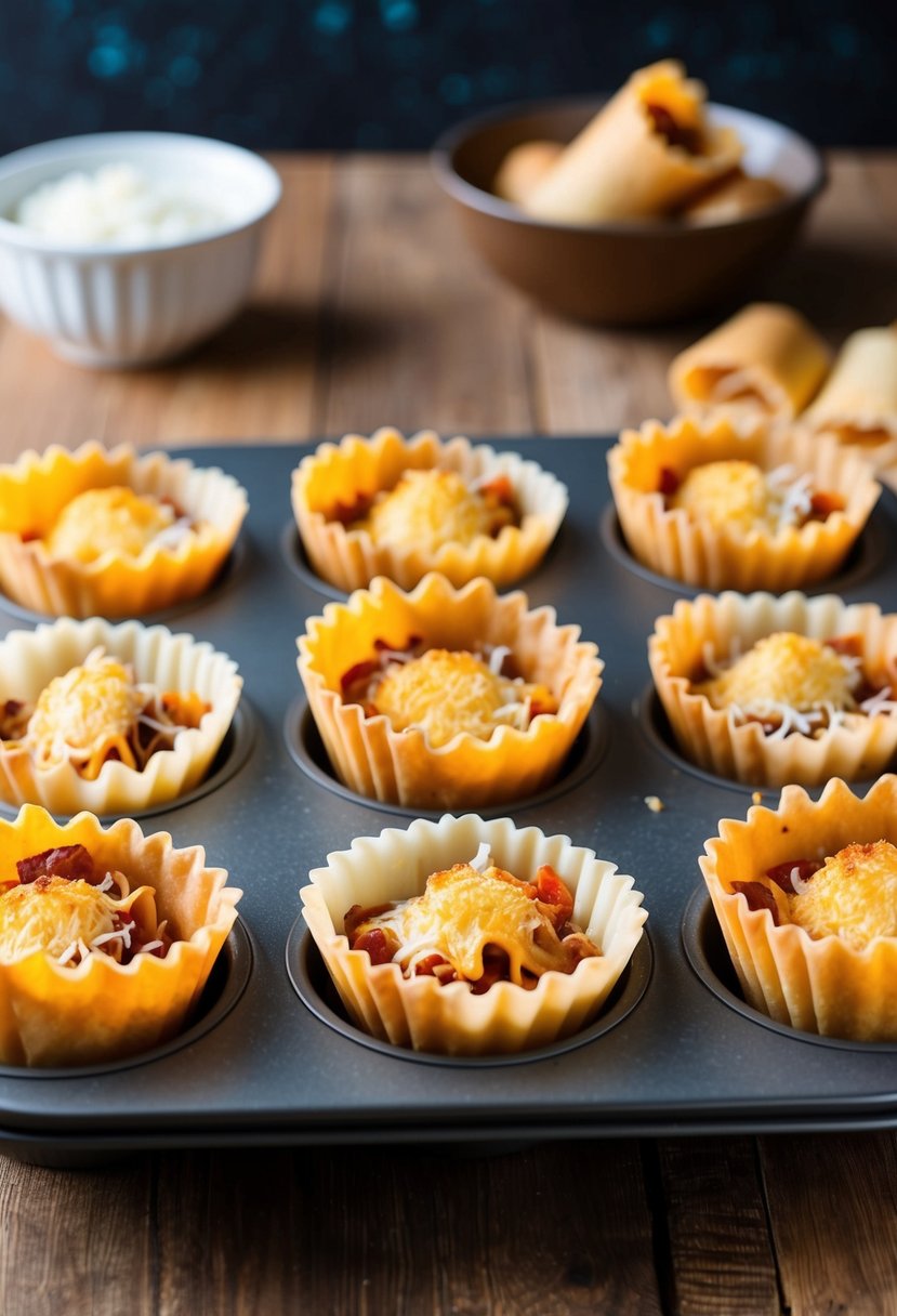 Layers of egg roll wrappers molded into cupcake tin, filled with lasagna ingredients, and baked until golden and crispy