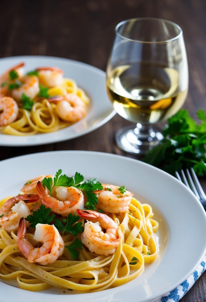 A steaming plate of shrimp scampi with linguine, garnished with fresh parsley and served alongside a glass of white wine