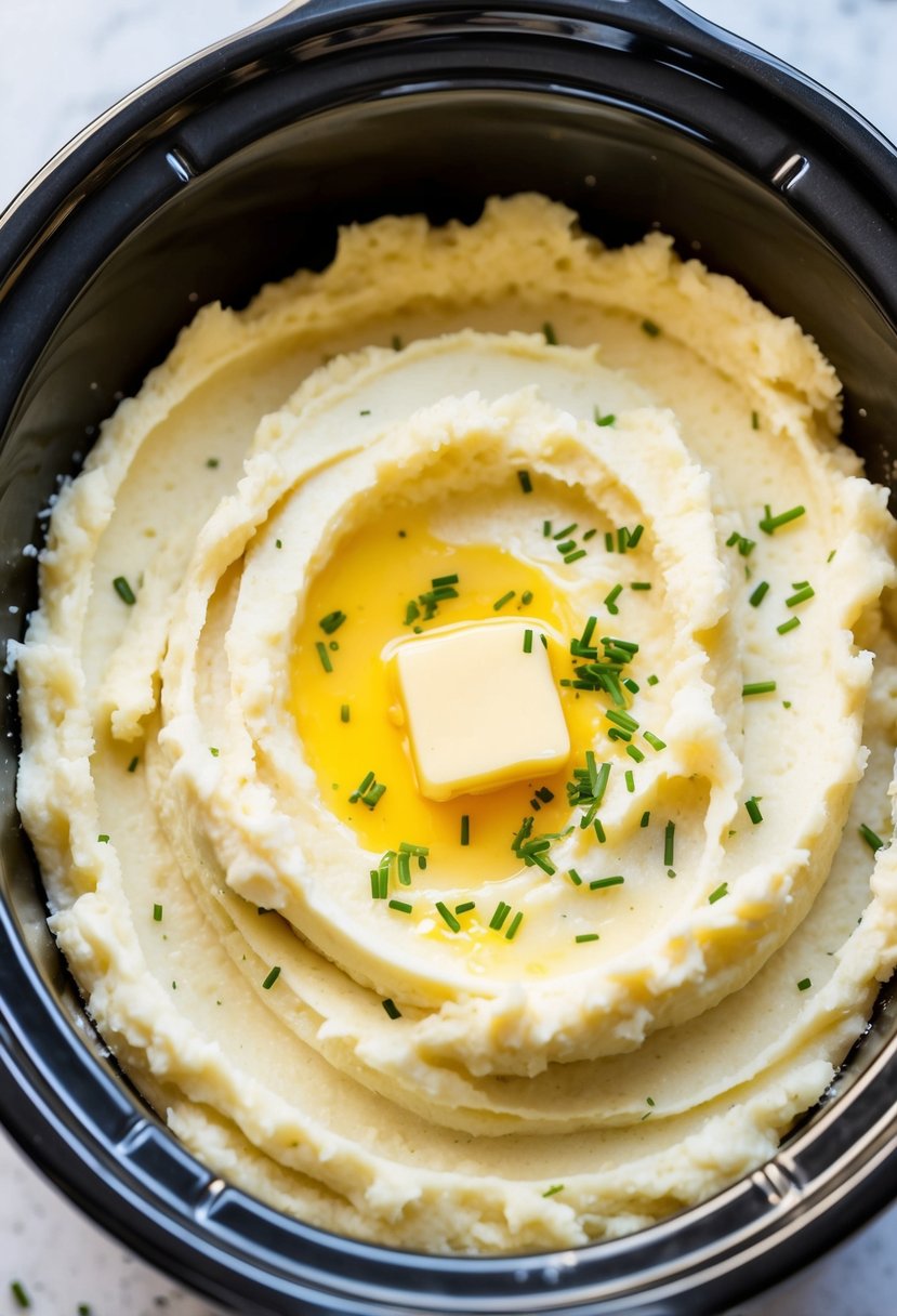 A 4-quart crockpot filled with creamy mashed potatoes, topped with a dollop of melted butter and a sprinkle of fresh chives