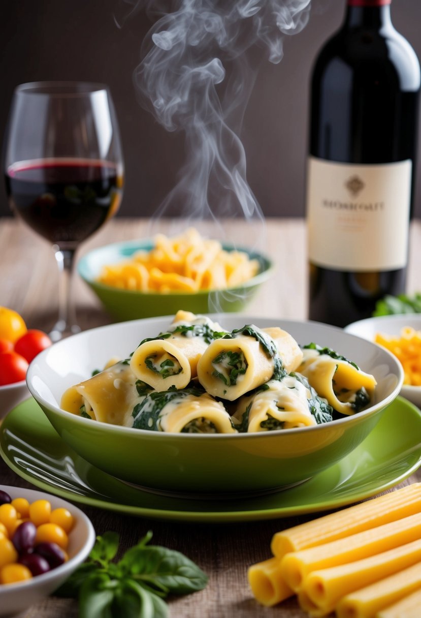 A table set with a steaming dish of spinach and cheese manicotti, surrounded by colorful ingredients and a glass of wine