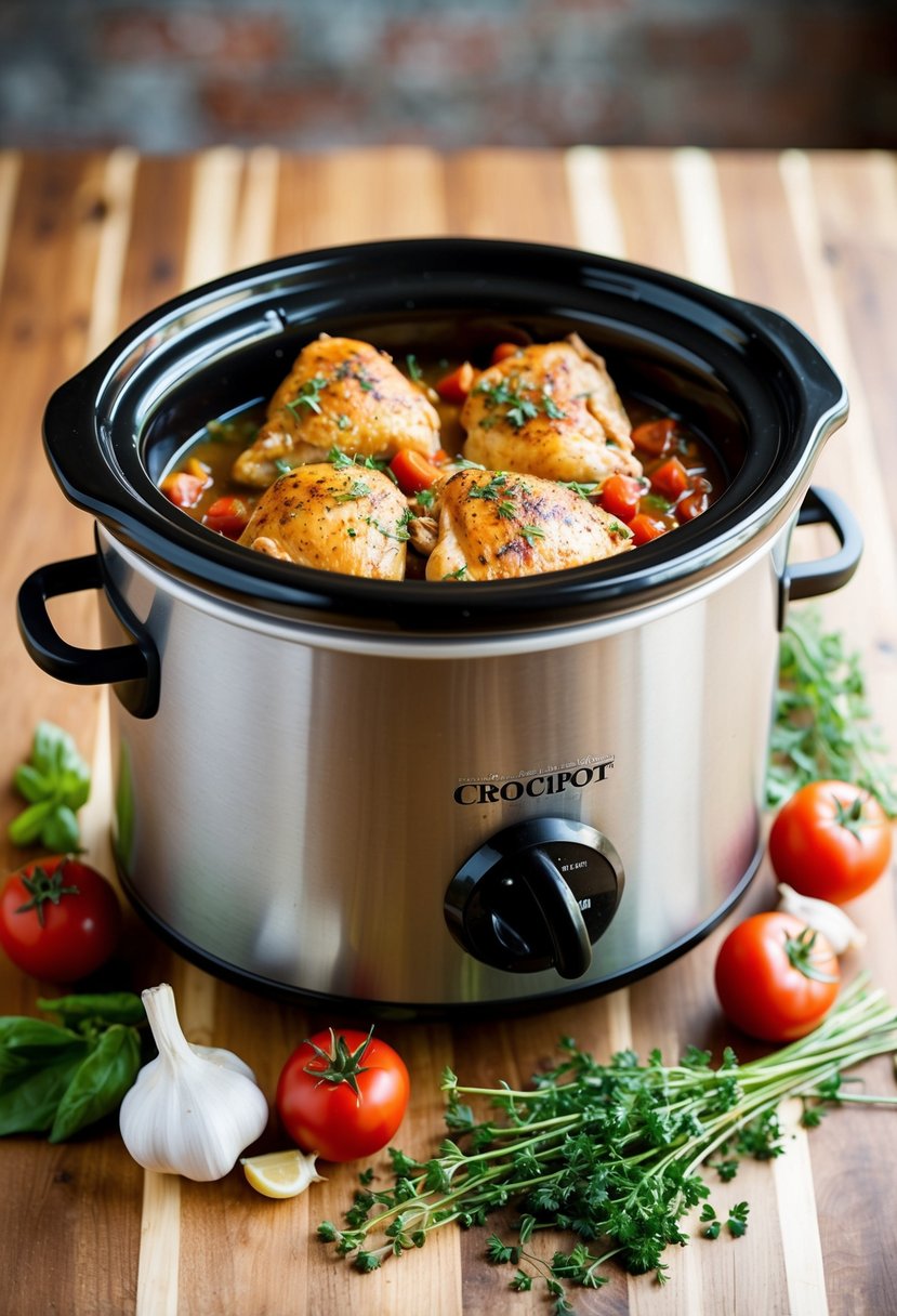 A 4-quart crockpot filled with Italian chicken, surrounded by fresh herbs, garlic, and diced tomatoes