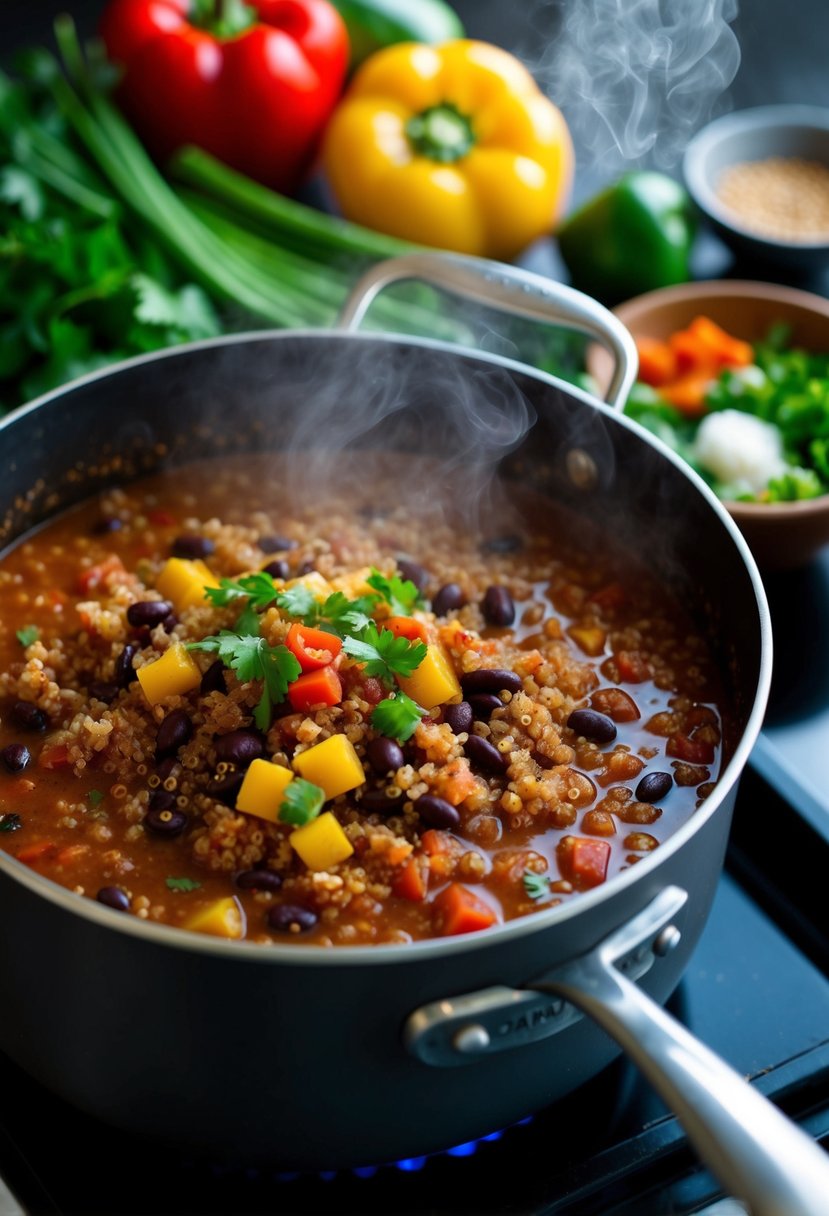 A steaming pot of quinoa and black bean chili simmers on a stovetop, surrounded by colorful vegetables and spices