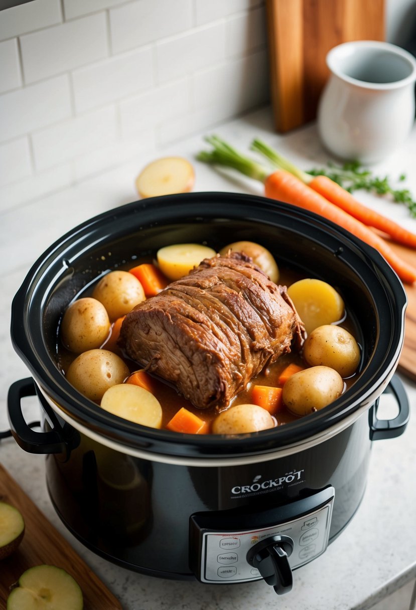 A 4-quart crockpot filled with a savory pot roast, surrounded by carrots, potatoes, and onions, simmering on a kitchen countertop