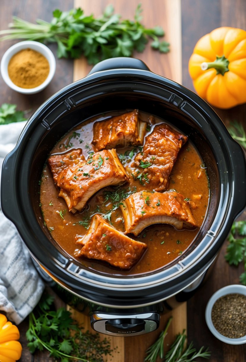 A 4 qt crockpot filled with savory ribs simmering in a flavorful sauce, surrounded by herbs and spices