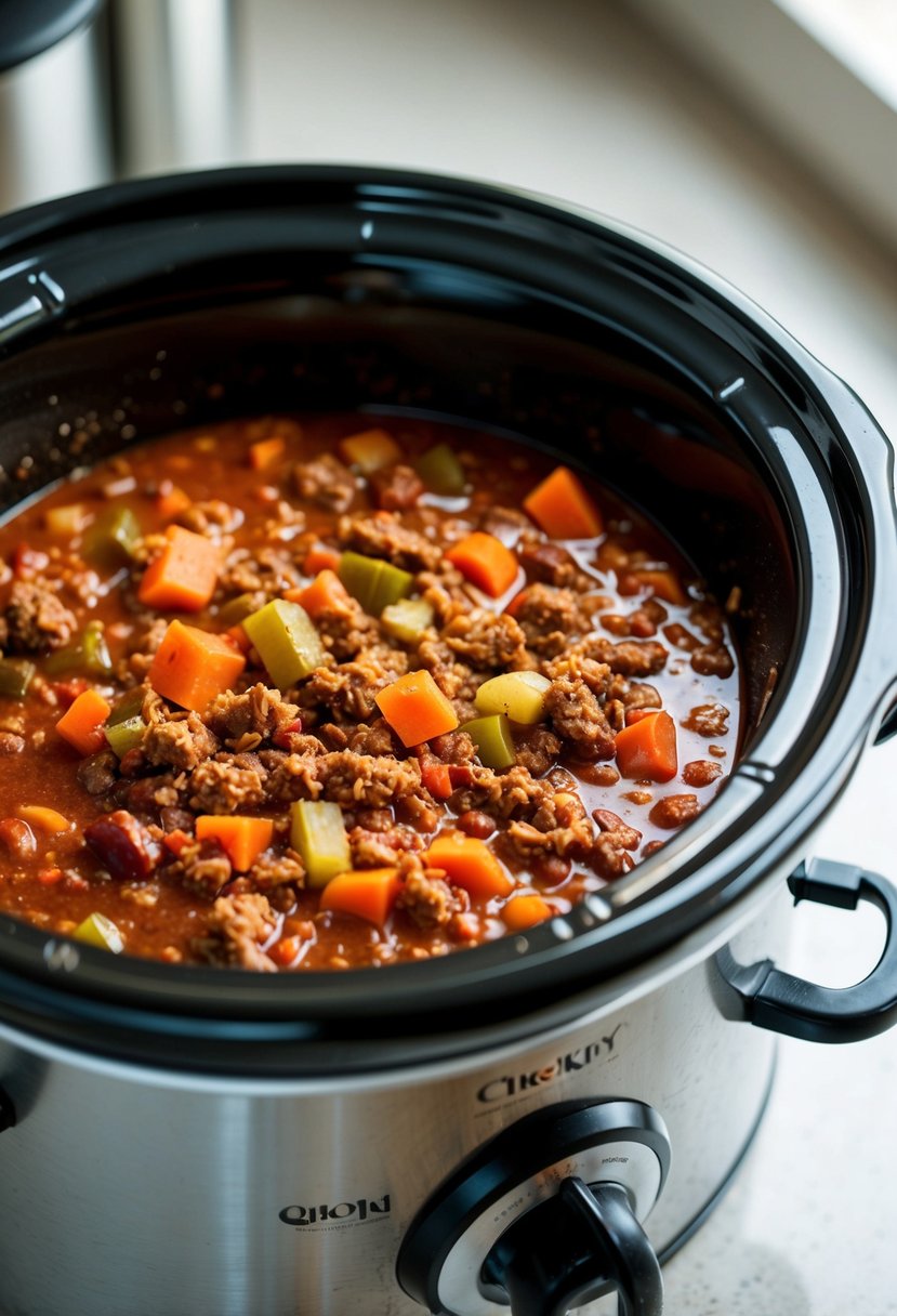 A 4-quart crockpot sits on a kitchen counter, filled with hearty chili simmering on low heat. Chopped vegetables and ground beef are visible in the savory mixture