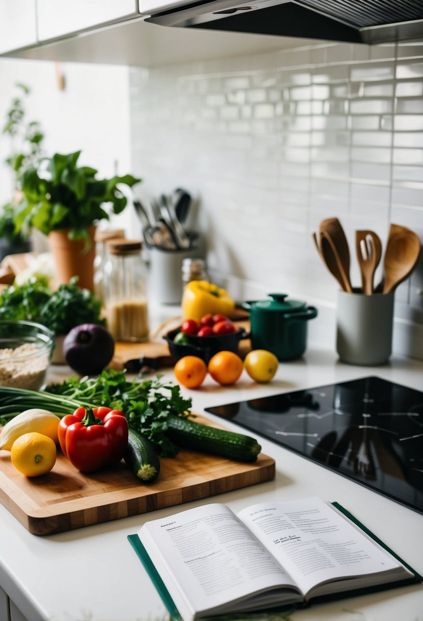 A cluttered kitchen counter with fresh ingredients, a cutting board, and a cookbook open to a page with a simple recipe