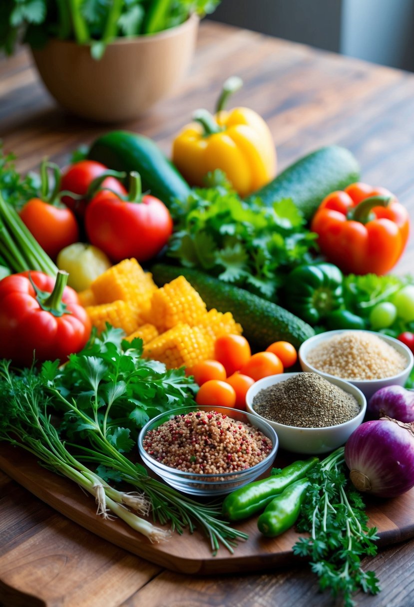 A colorful array of fresh vegetables, quinoa, and various herbs and spices arranged on a wooden cutting board