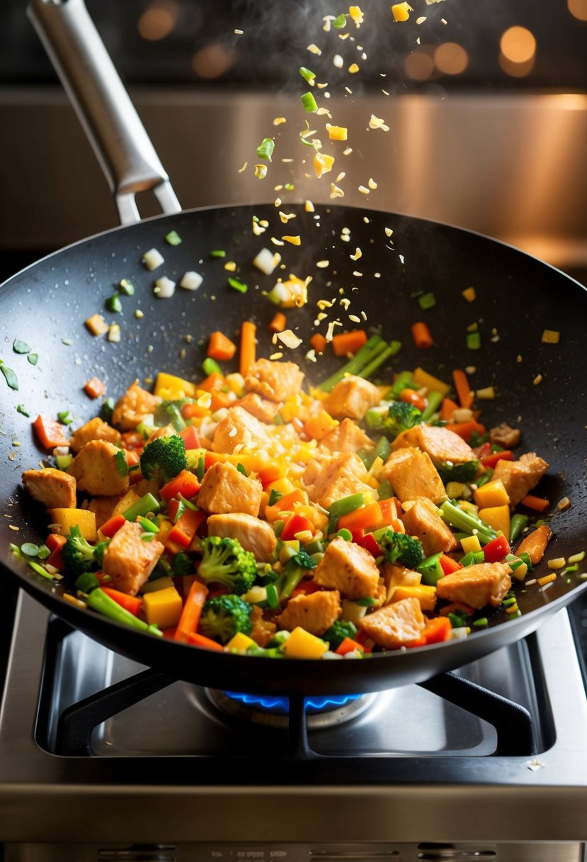 A sizzling wok with colorful vegetables and chunks of chicken being tossed in a flurry of motion