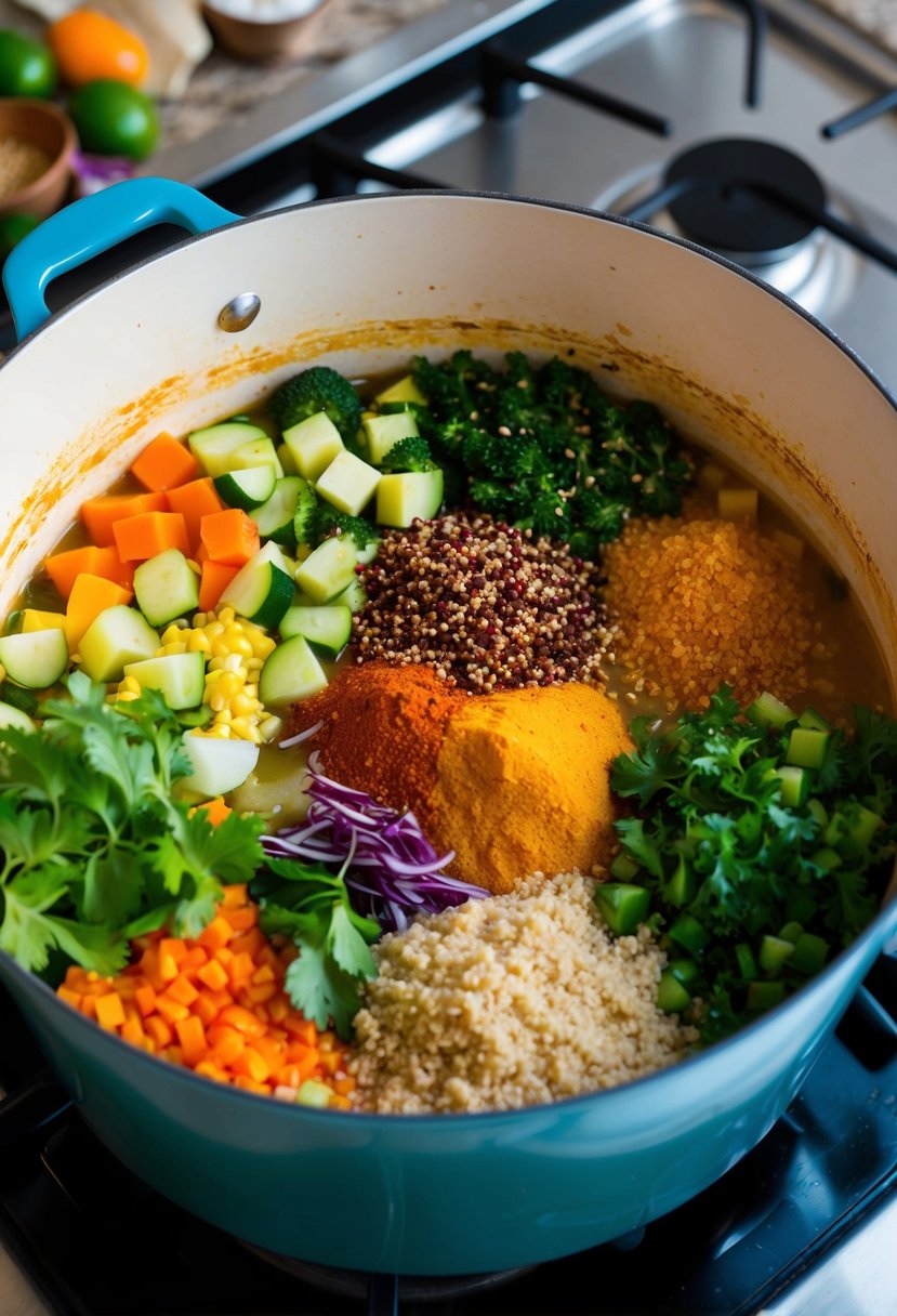 A colorful array of fresh vegetables, quinoa, and Mexican spices simmering in a large pot over a stove