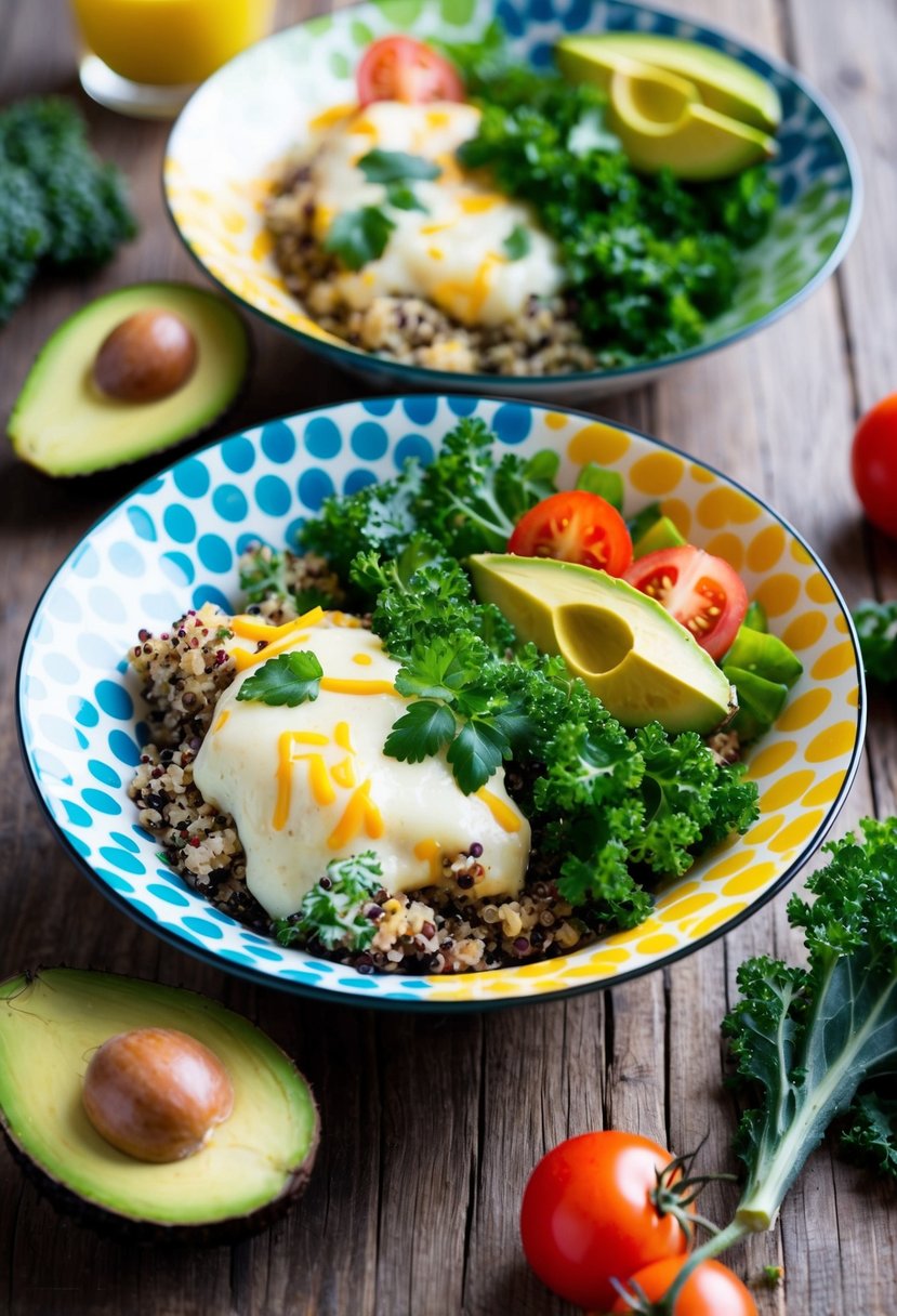 A rustic wooden table with two colorful bowls filled with creamy, cheesy kale quinoa, surrounded by fresh ingredients like kale, tomatoes, and avocado