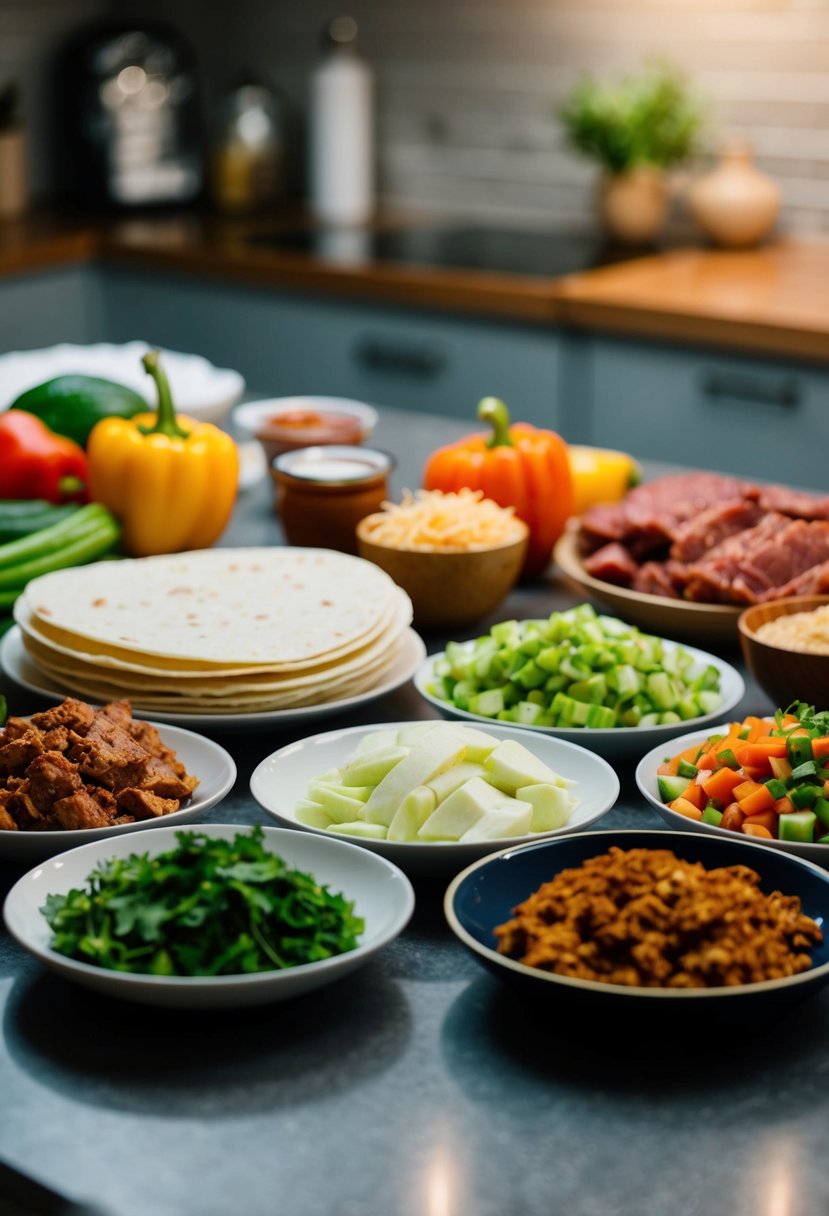 A variety of fresh ingredients arranged on a kitchen counter, including tortillas, seasoned meat, chopped vegetables, and condiments