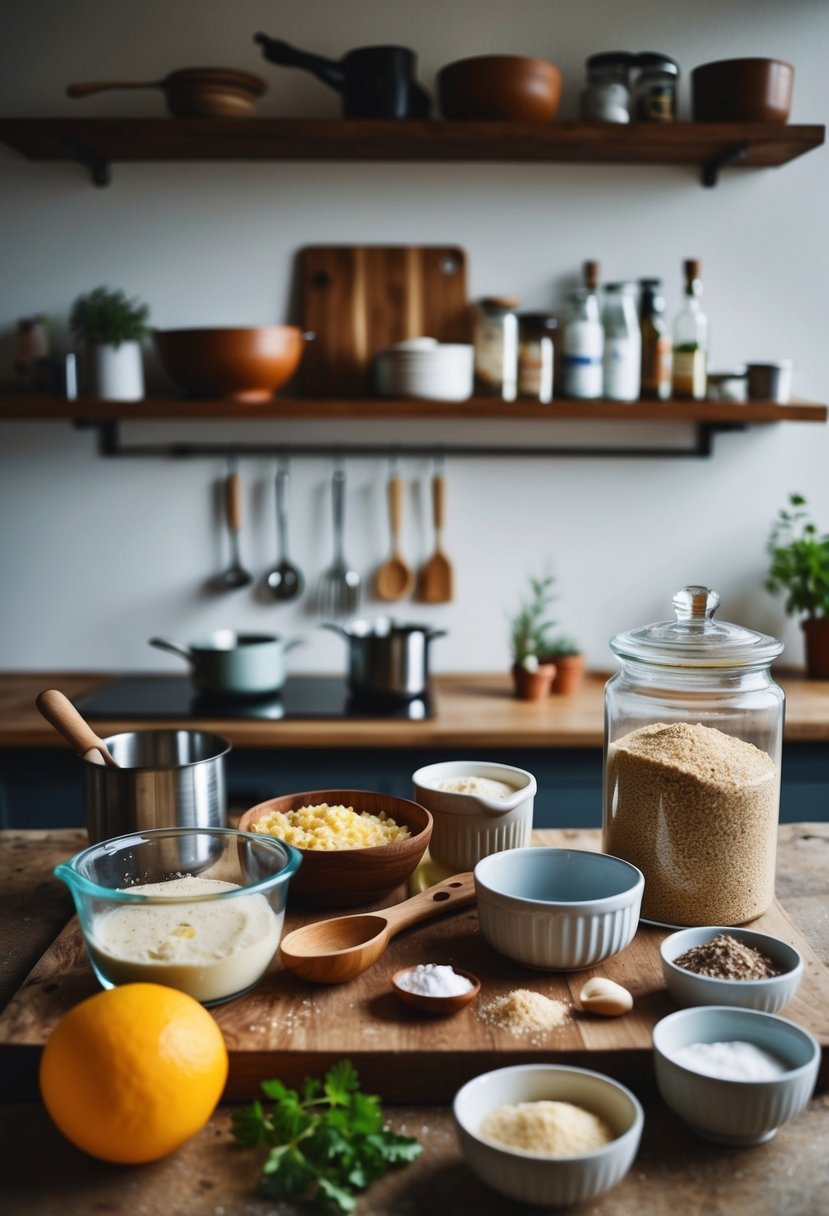 A rustic kitchen counter with various ingredients and utensils for making quark recipes