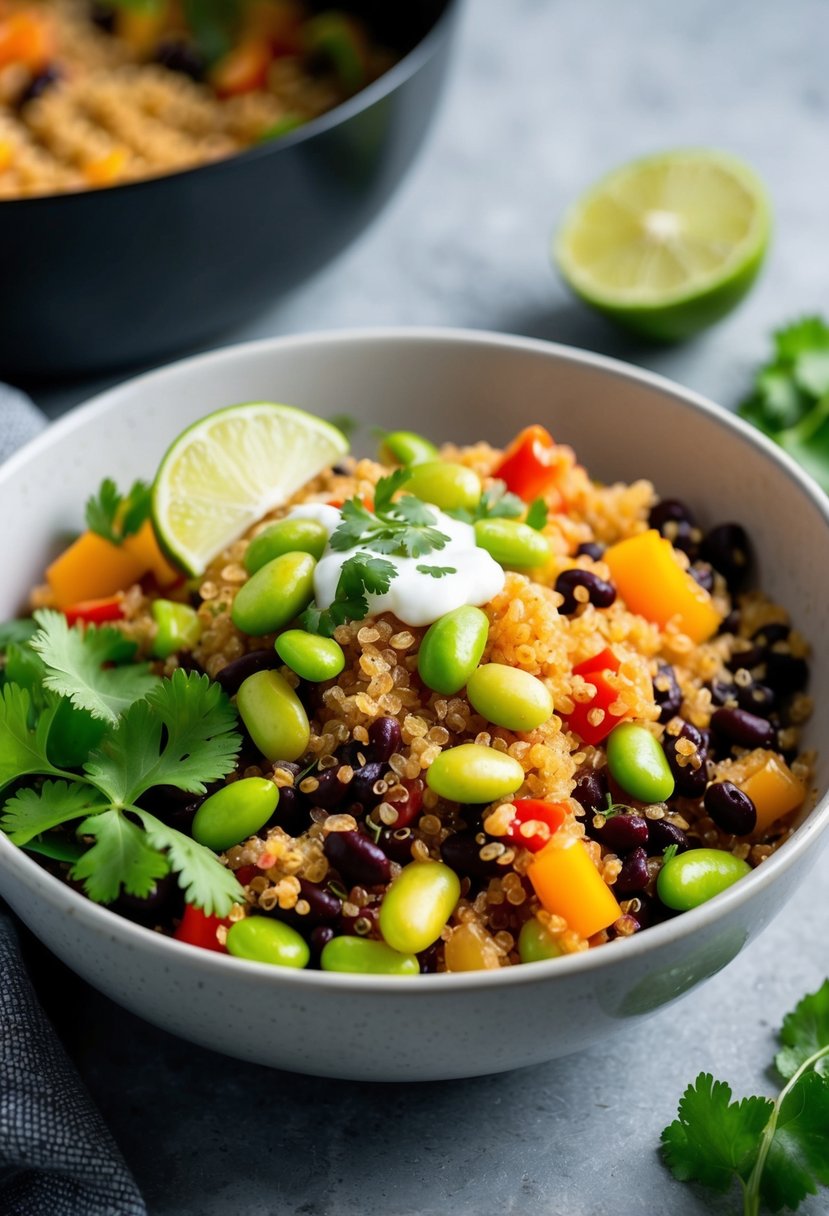 A steaming bowl of spicy quinoa mixed with vibrant edamame, colorful bell peppers, and hearty black beans, topped with a sprinkle of fresh cilantro and a squeeze of lime