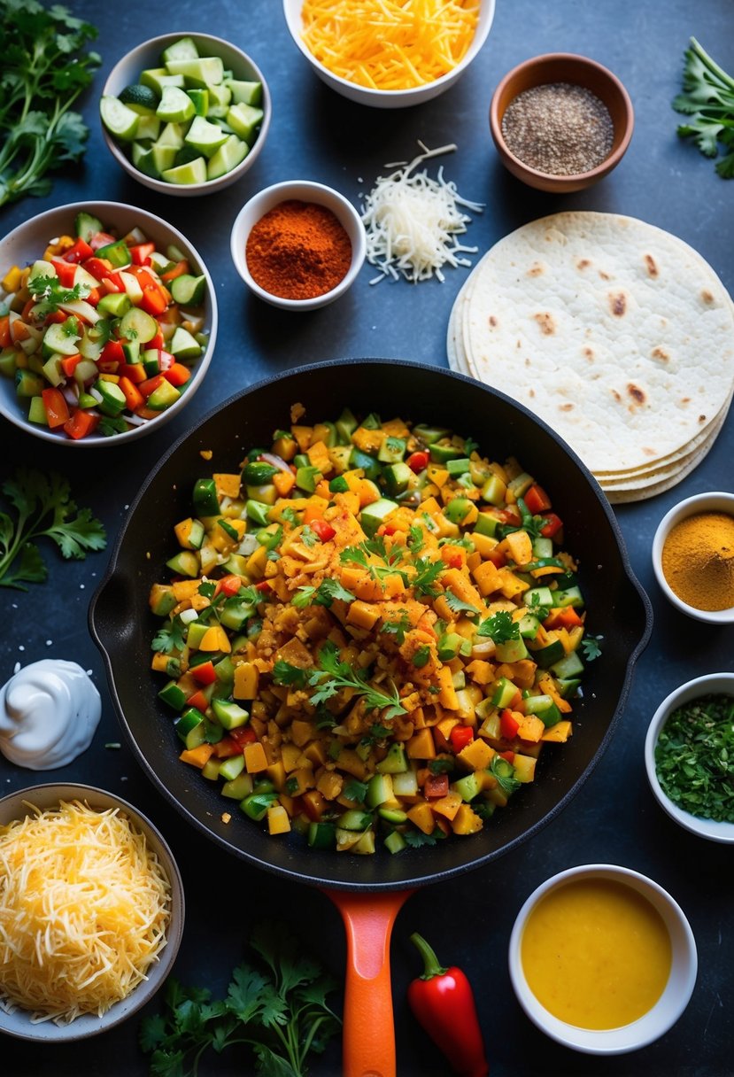 A colorful array of chopped vegetables sizzling in a hot skillet, surrounded by tortillas and a variety of cheese and spices