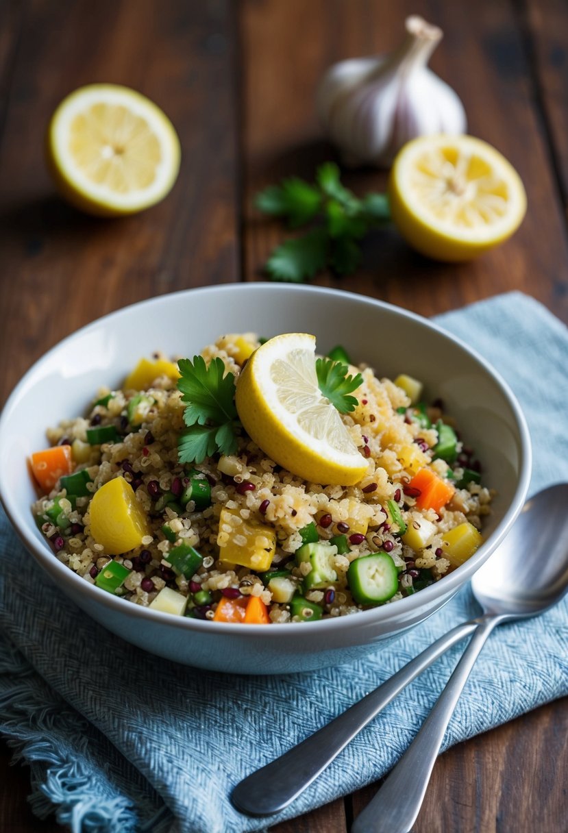 A bowl of vibrant quinoa salad with lemon, garlic, and Mediterranean vegetables on a wooden table