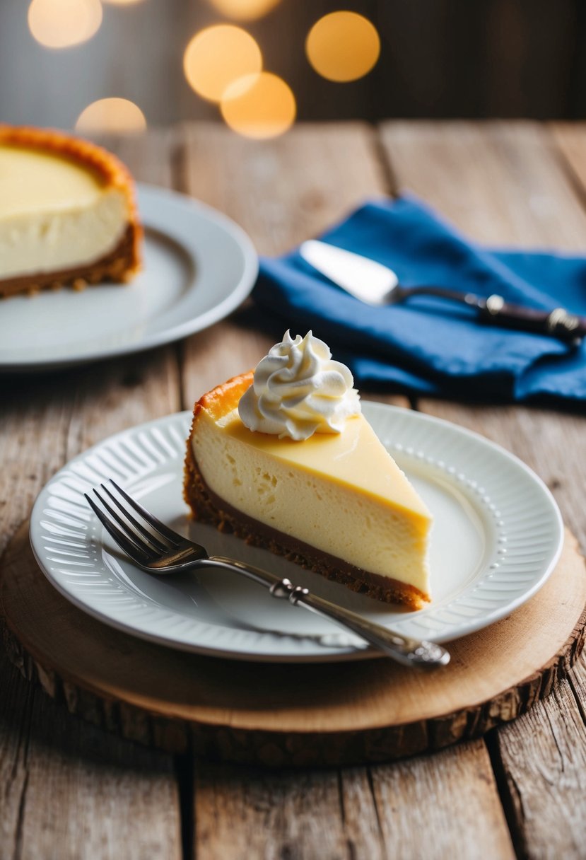 A classic German cheesecake on a rustic wooden table with a slice cut out and a dollop of whipped cream on top