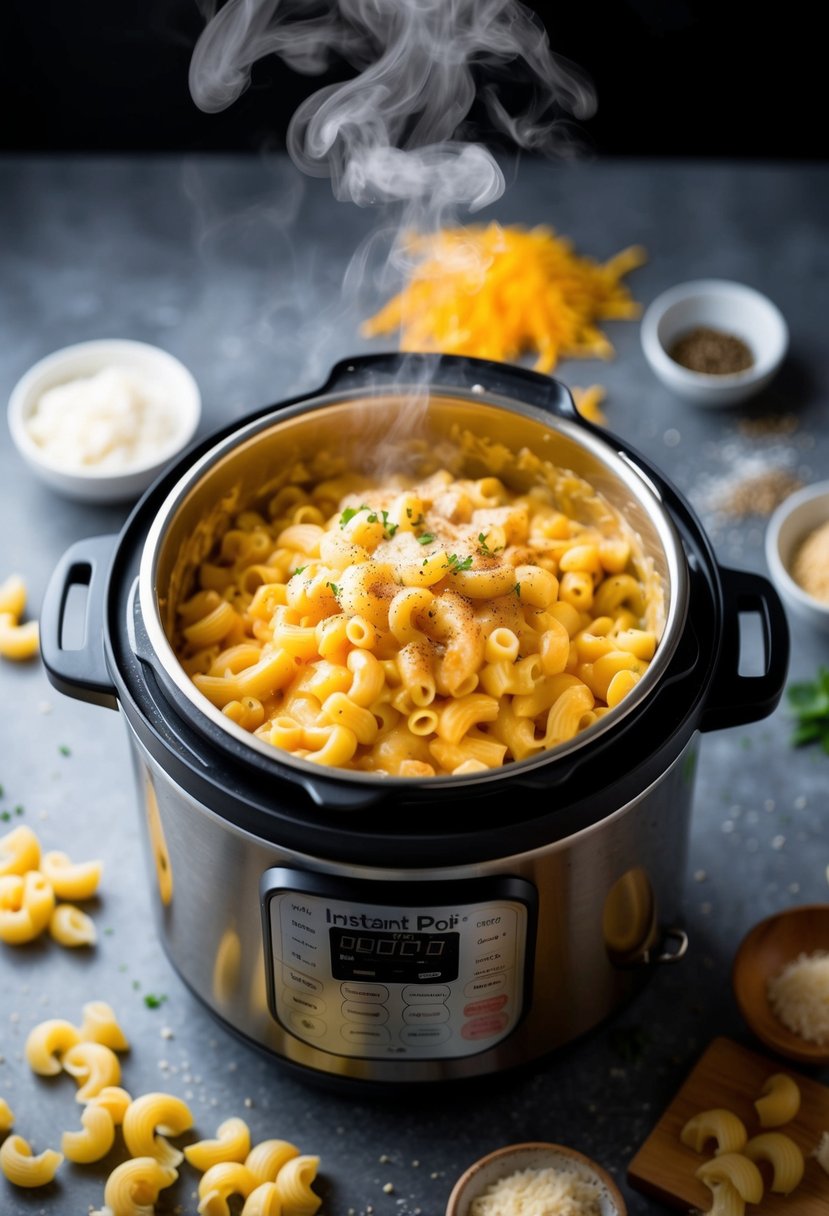 A steaming Instant Pot filled with creamy, cheesy mac and cheese, surrounded by scattered ingredients like pasta, cheese, and seasonings