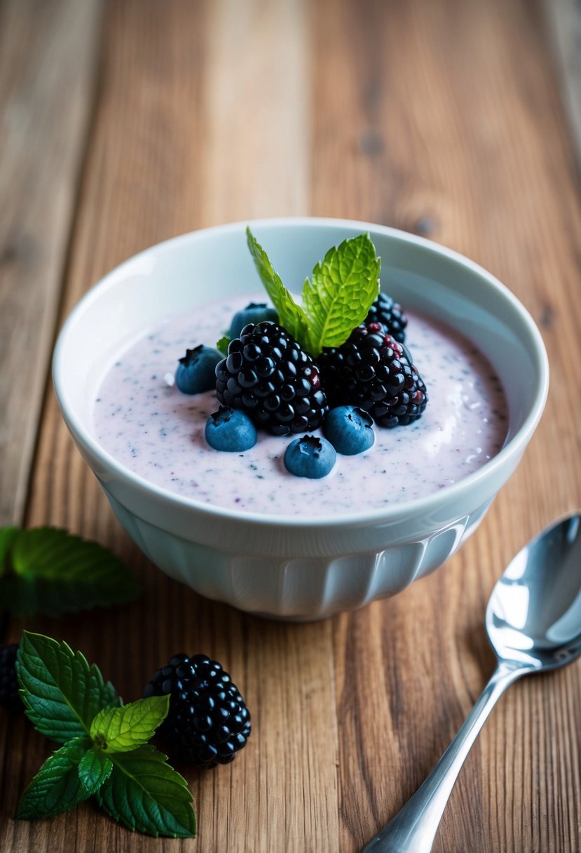 A bowl of creamy blackberry quark dessert topped with fresh berries and mint on a wooden table