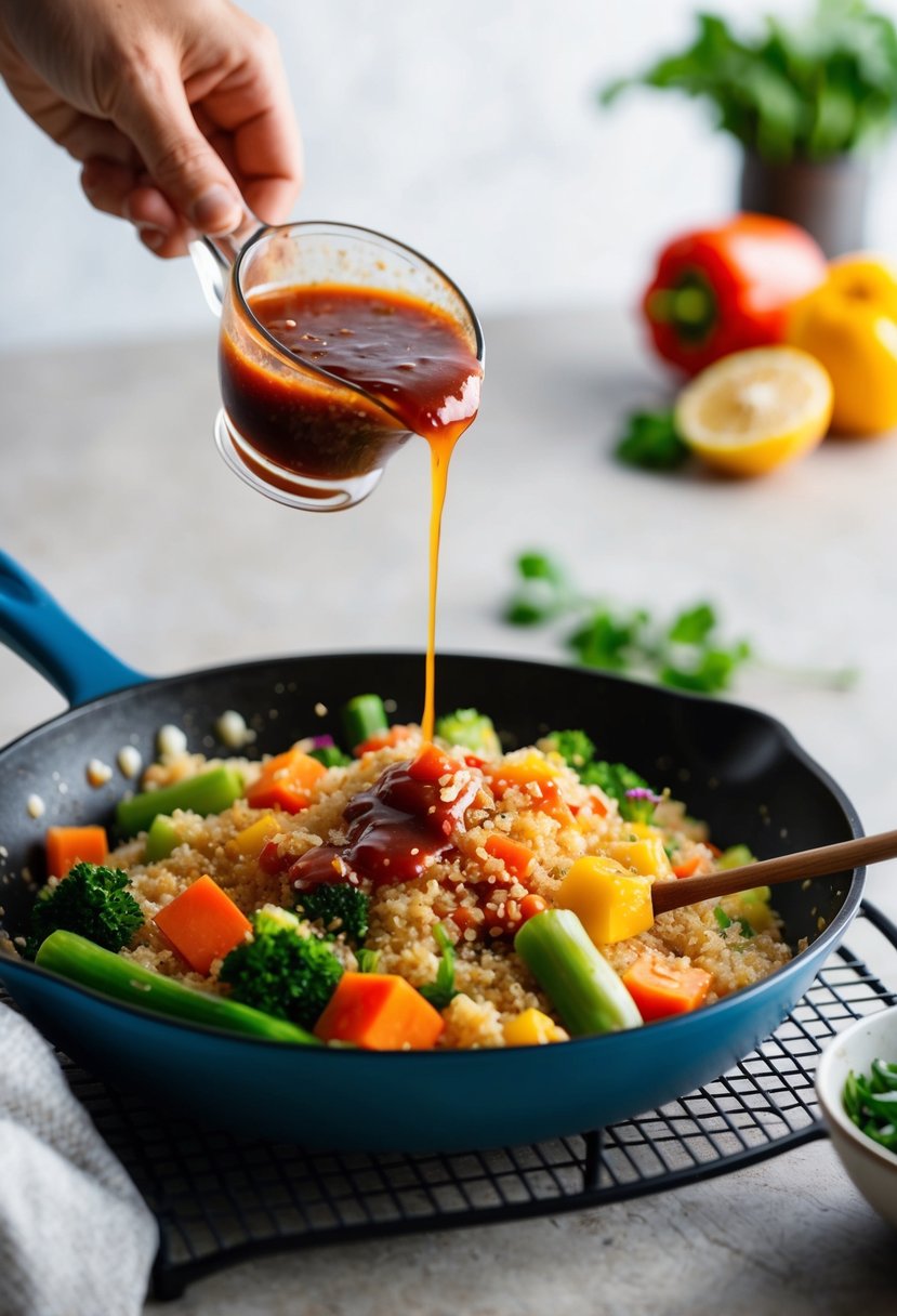 A sizzling skillet of colorful vegetables and quinoa, being drizzled with homemade teriyaki sauce