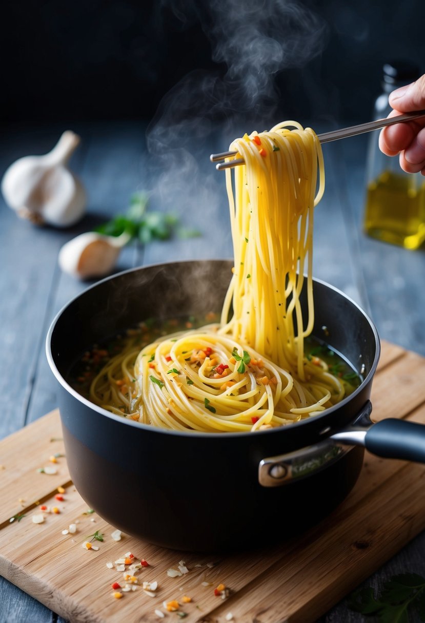 A pot of boiling spaghetti with garlic, olive oil, and red pepper flakes on a wooden cutting board