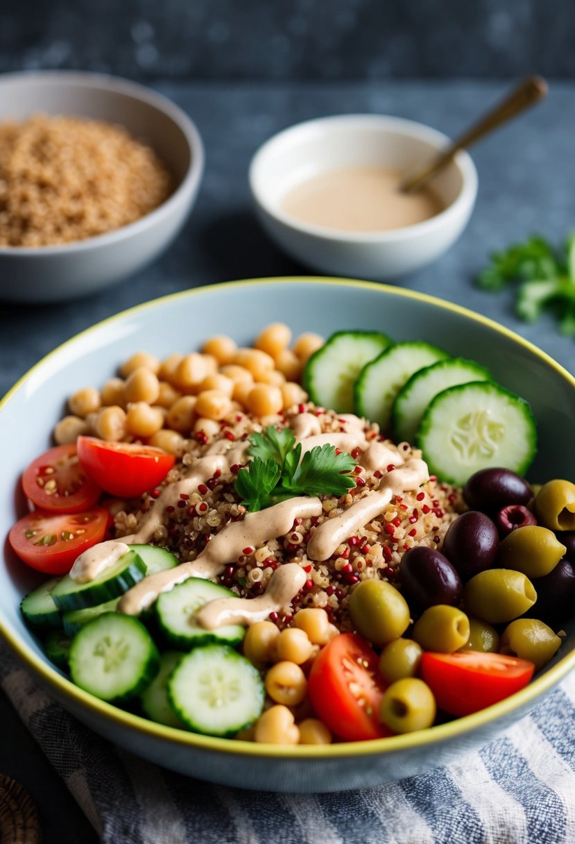 A colorful bowl filled with quinoa, chickpeas, tomatoes, cucumbers, olives, and a drizzle of tahini dressing