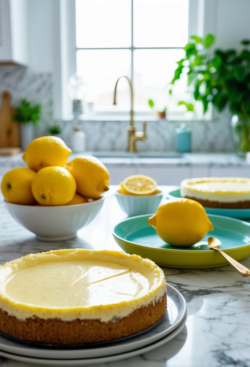 A vibrant kitchen scene with fresh lemons, a bowl of quark, and a cheesecake being prepared on a marble countertop