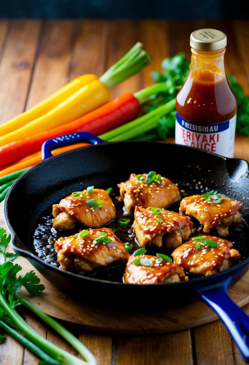 A sizzling skillet with chicken teriyaki cooking, surrounded by colorful vegetables and a bottle of teriyaki sauce