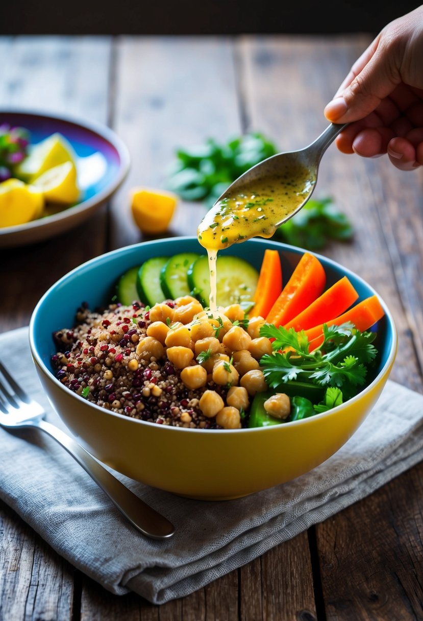 A colorful bowl filled with quinoa, chickpeas, and fresh vegetables, drizzled with a tangy vinaigrette, sitting on a rustic wooden table