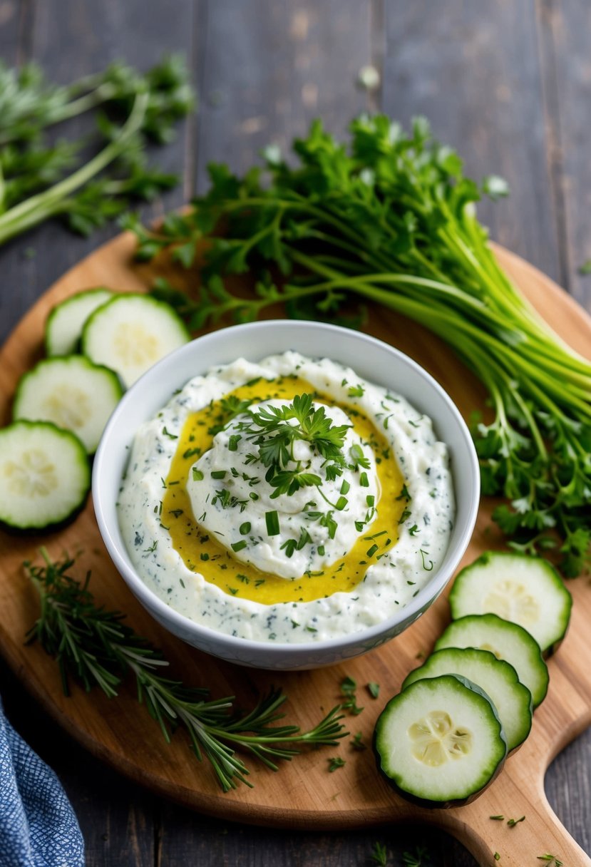 A bowl of Garlic and Herb Quark Dip surrounded by fresh herbs and sliced vegetables on a wooden cutting board