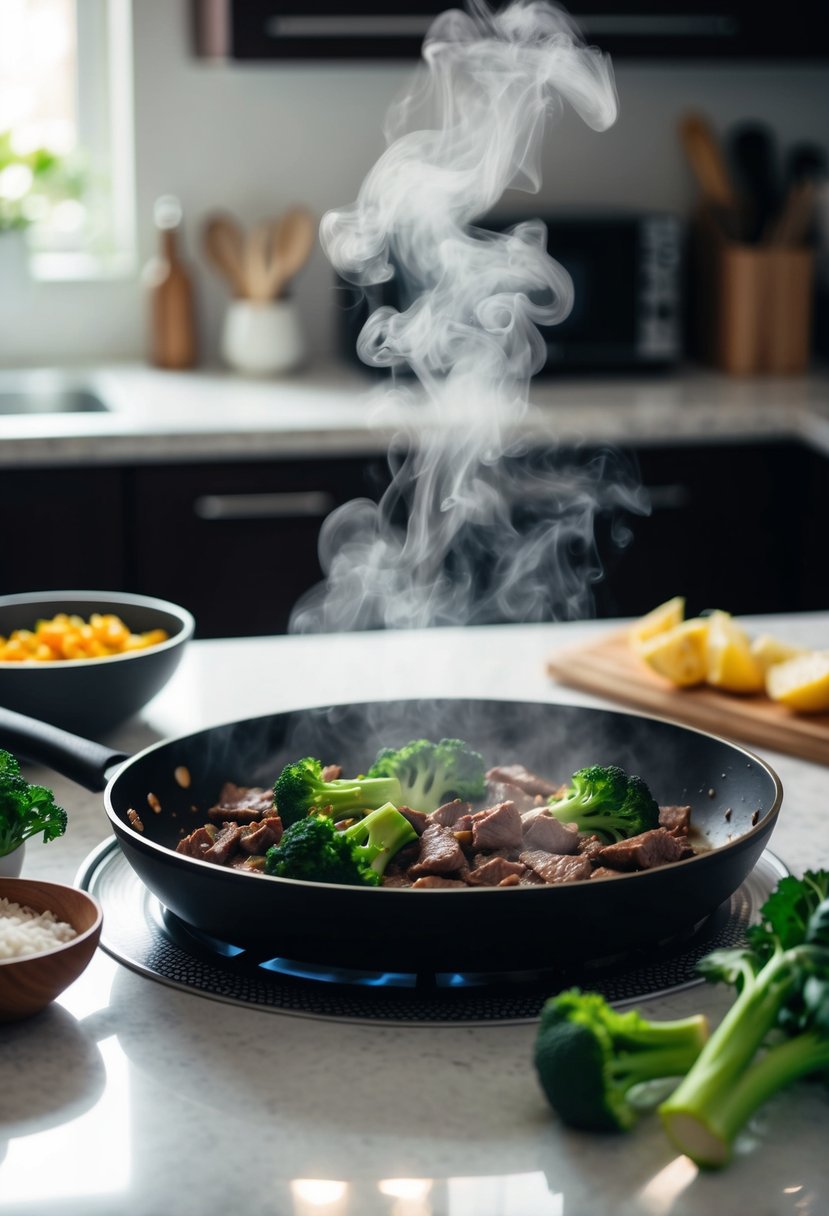 A sizzling skillet with beef and broccoli stir-fry, steam rising. Ingredients surround the pan on a kitchen counter