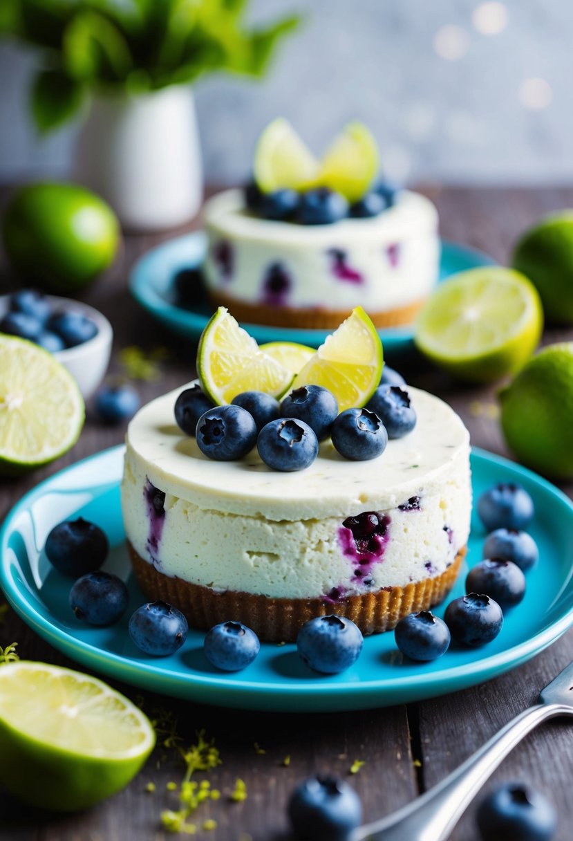 A vibrant blueberry and lime cheesecake quark surrounded by fresh fruit and garnished with zesty lime slices