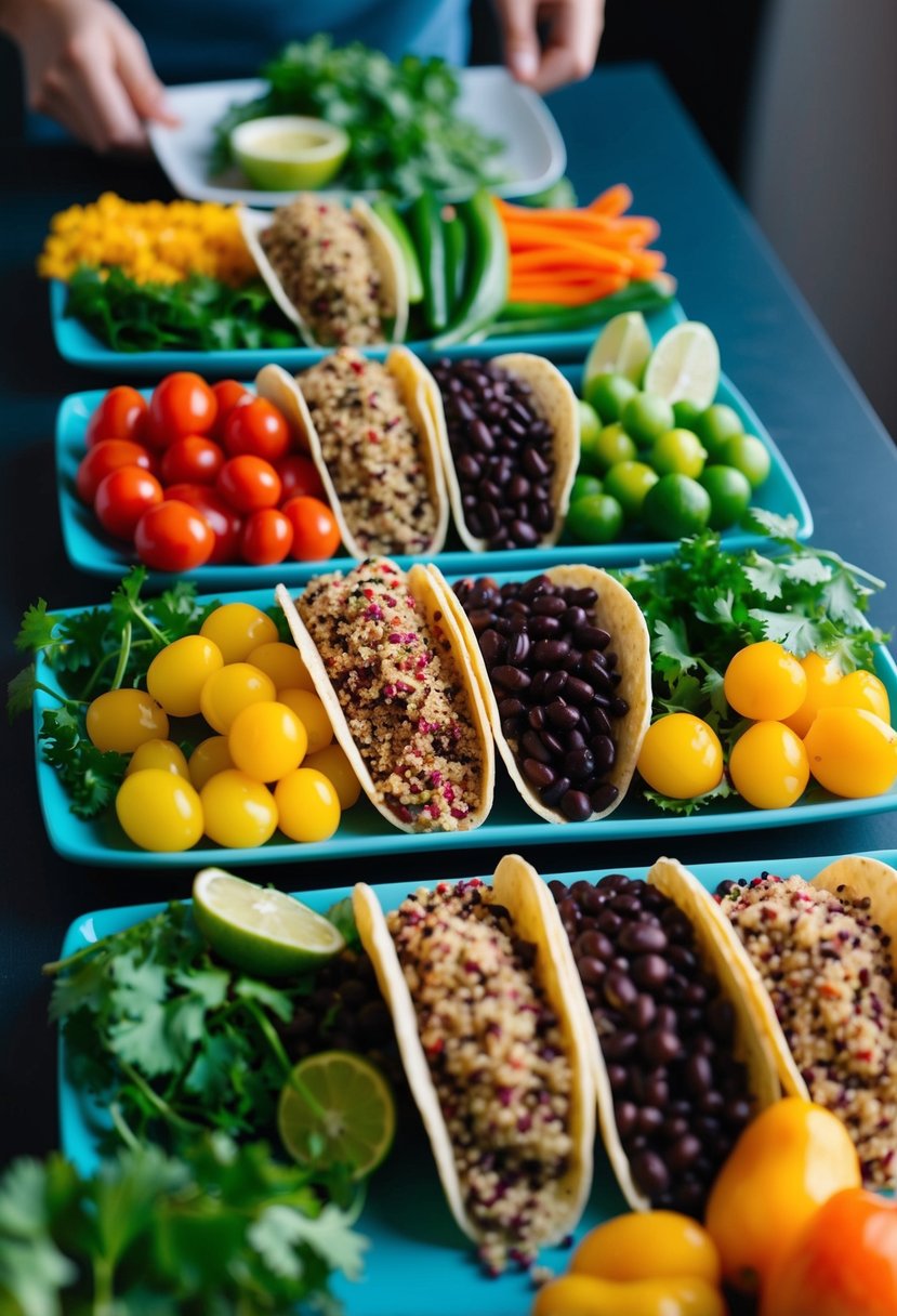 A colorful spread of quinoa, black beans, and various fresh vegetables arranged on a table, ready to be assembled into vegan tacos